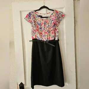 ALYX Mixed Media Belted Sheath Dress Size 8, Floral And Solid, Careerwear